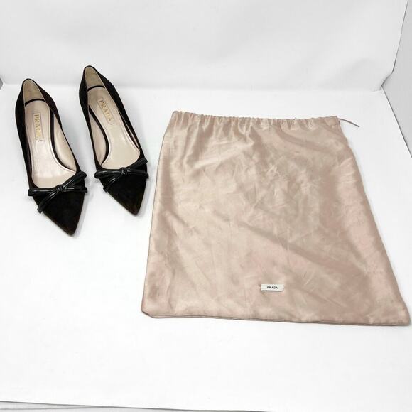Prada Brown Suede Pointed-Toe Bow Pumps EU 37 Mid Heel | Made in Italy - Picture 9 of 9
